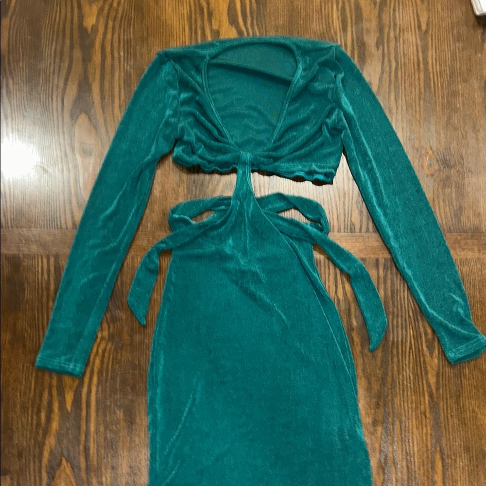 Teal Long Sleeve Cutout Dress